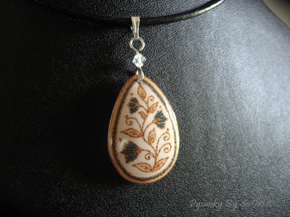White & Blue Spring Vines Teardrop Pendant Pysanky Jewelry by So Jeo